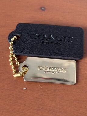 Coach Black Leather and Gold-Tone Metal Tag Keychain